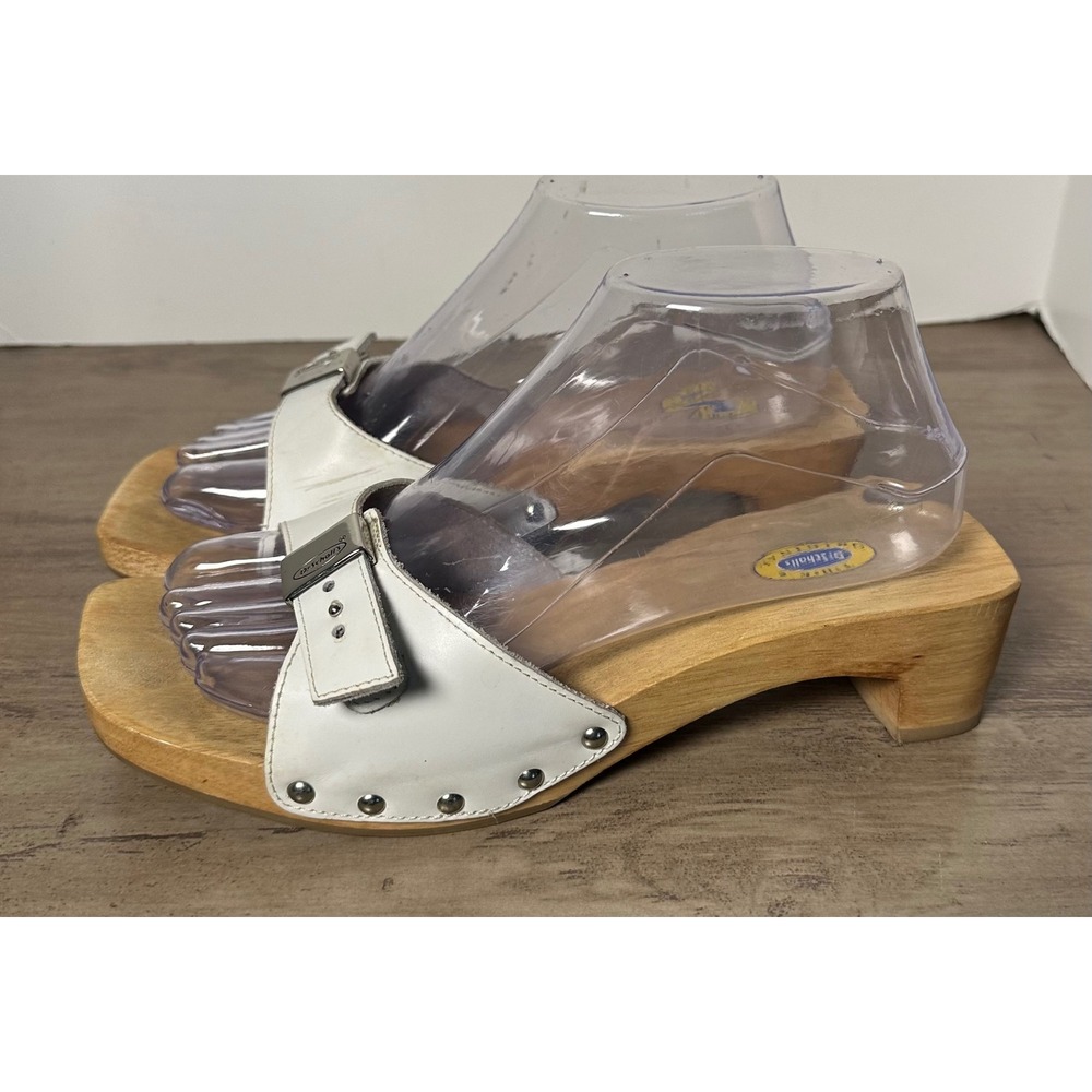 Dr. Scholl's White Leather Wood-Platform Slide Sandals